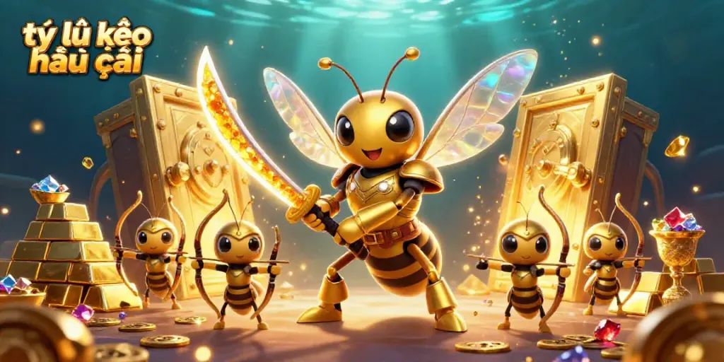 Dynamic 3D scene showcasing tỷ lệ kèo nhà cái with golden hornet samurai, treasure vaults, and royal jewels.