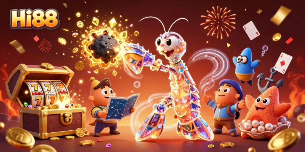 Experience HI88 with a dynamic party scene featuring colorful gems, vibrant slot reels, and energetic gaming elements.