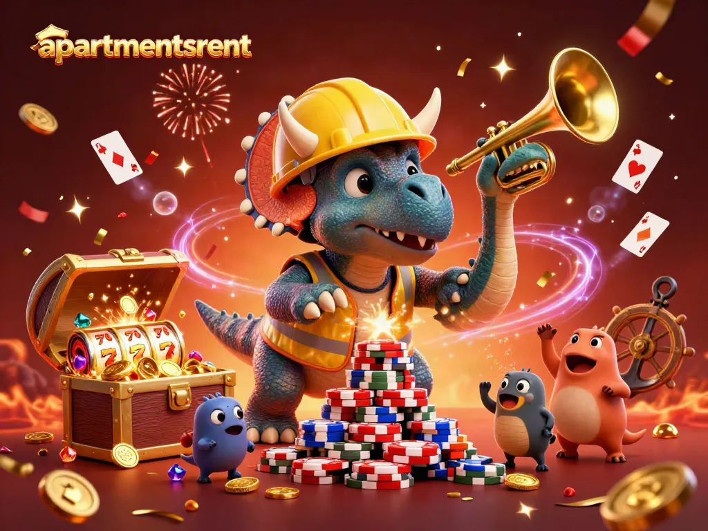 Permainan slot di apartmentsrent dengan triceratops menciptakan tumpukan chip poker yang megah sambil dirayakan oleh karakter lain.