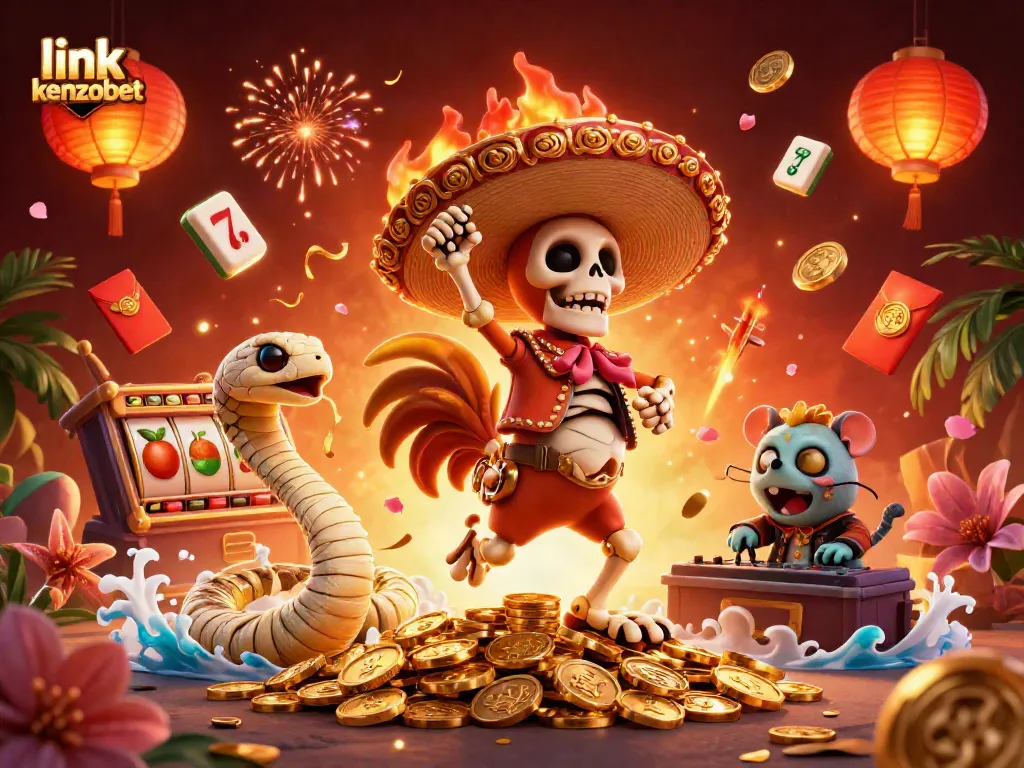 Spin the reels at link kenzobet with festive characters, golden coins, and vibrant casino elements.