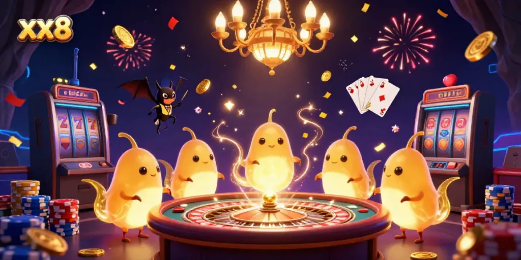 Experience the vibrant world of xx8 with glowing characters illuminating a dynamic casino scene.