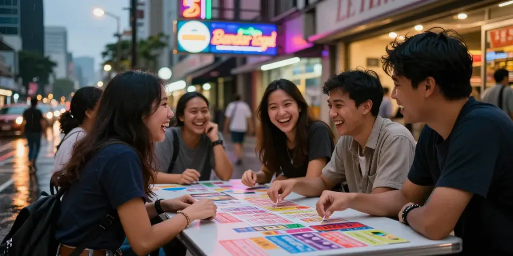 Suasana bandar togel dengan teman bermain lotere di jalanan kota, penuh warna dan keceriaan.