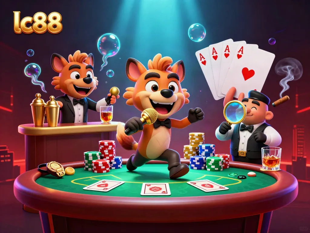 Join the laughter at lc88's comedy casino with hyenas entertaining amidst vibrant poker action.