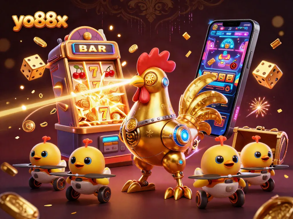 Experience winning moments at yo88x with a vibrant 3D illustration of exciting casino elements and a futuristic rooster robot.