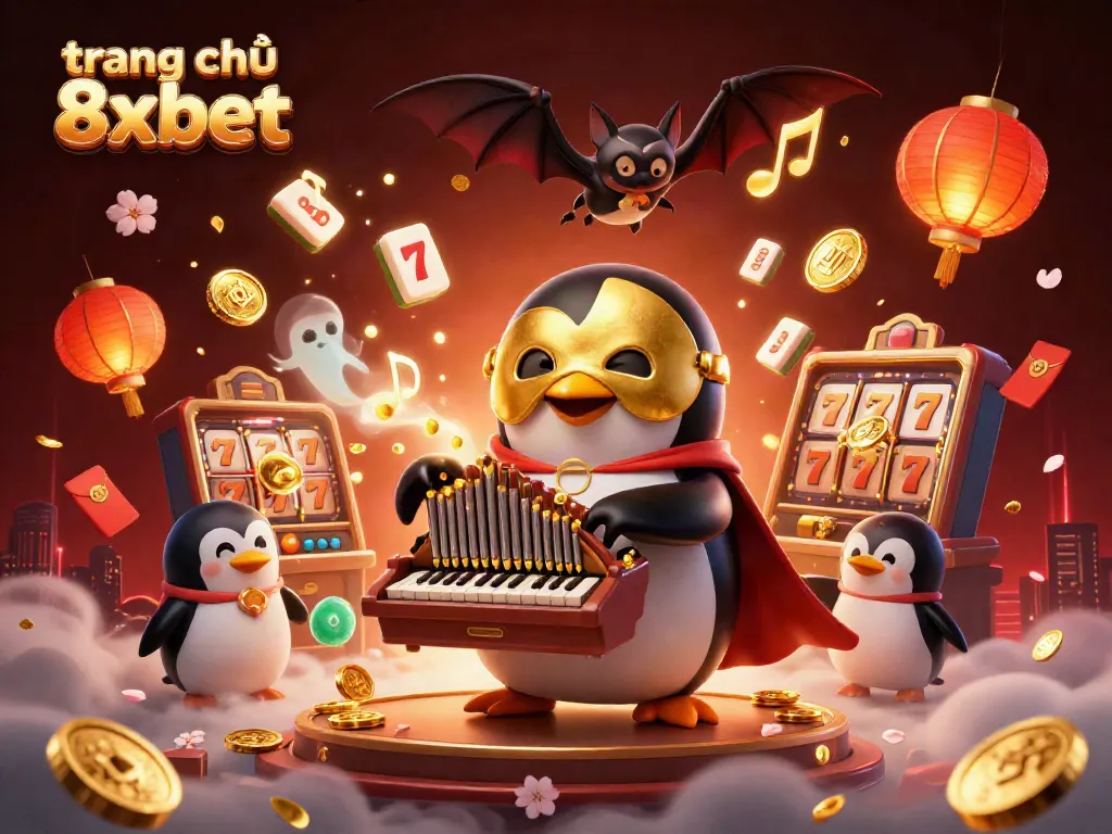 Engage with the entertaining world of trang chủ 8xbet featuring a fun casino scene with a penguin and golden coins.