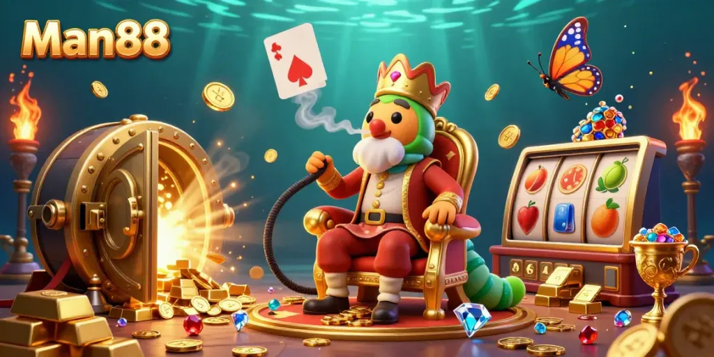 Experience thrilling action at Man88 with a vibrant 3D casino scene, featuring slot games, treasures, and the playful caterpillar character.