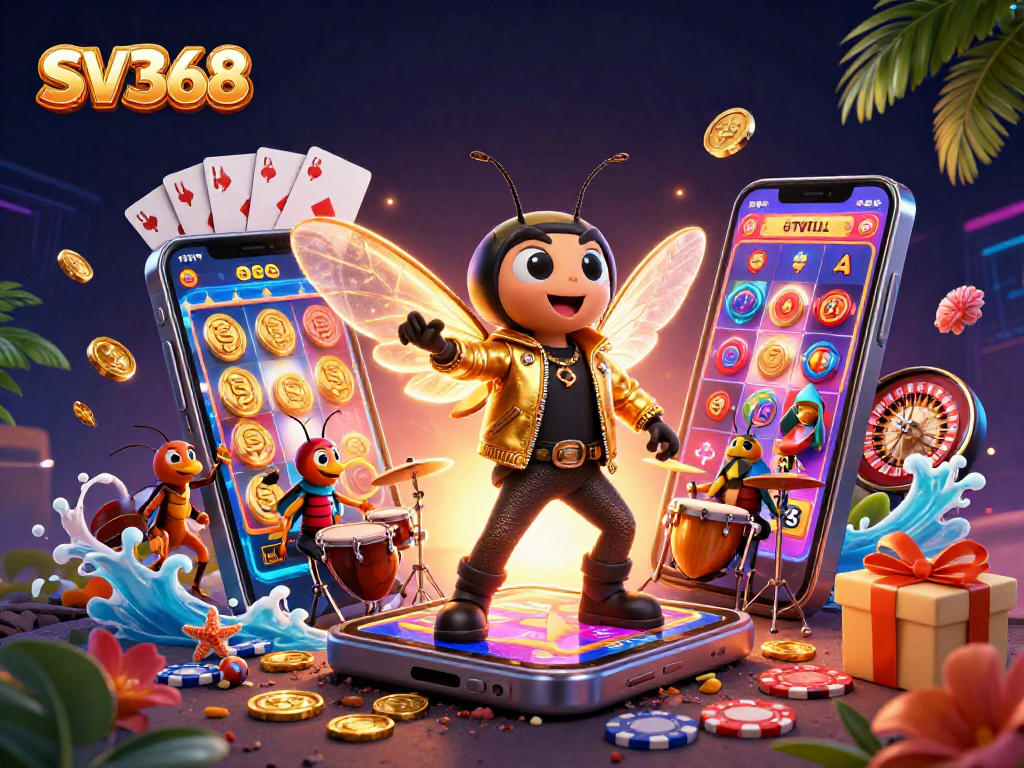 SV368 casino action featuring a cicada rock star, slot games, and vibrant game elements.