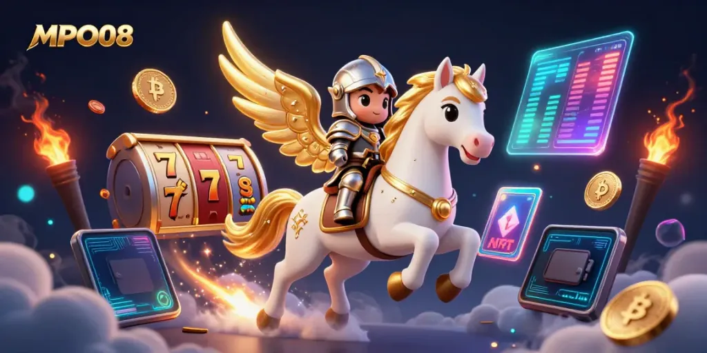 MPO08 presents a fantasy scene with a celestial horse and knight, surrounded by slot elements and cryptocurrencies.