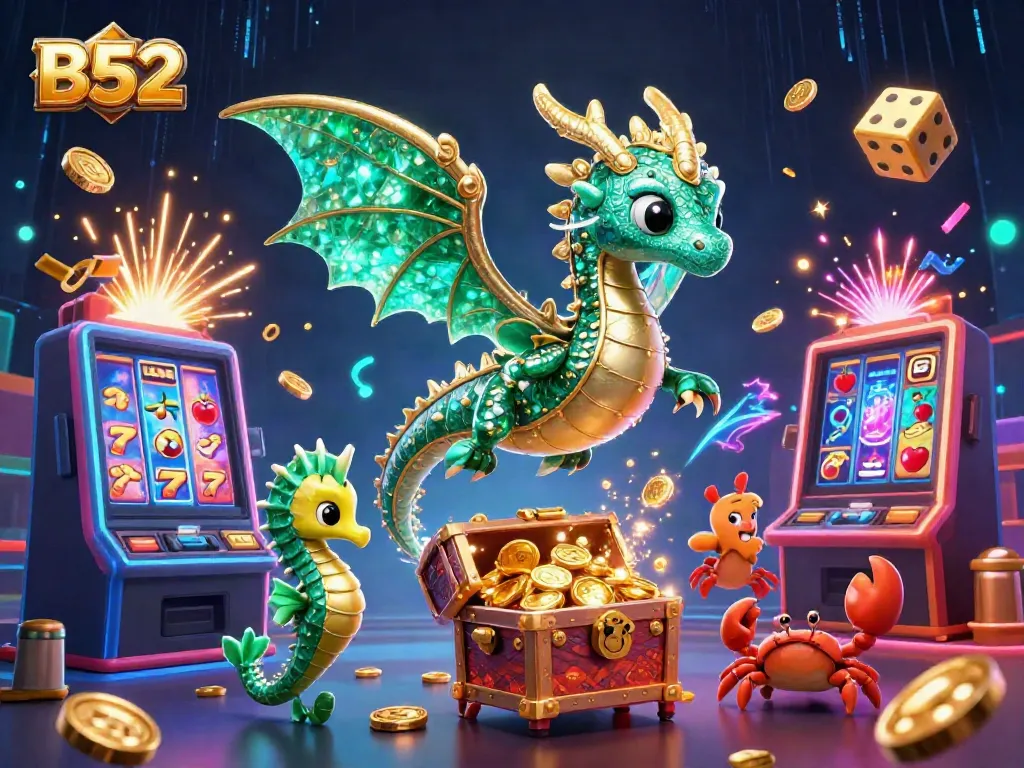 Experience the vibrant B52 casino world with a majestic sea dragon surrounded by jackpots and gold treasures.