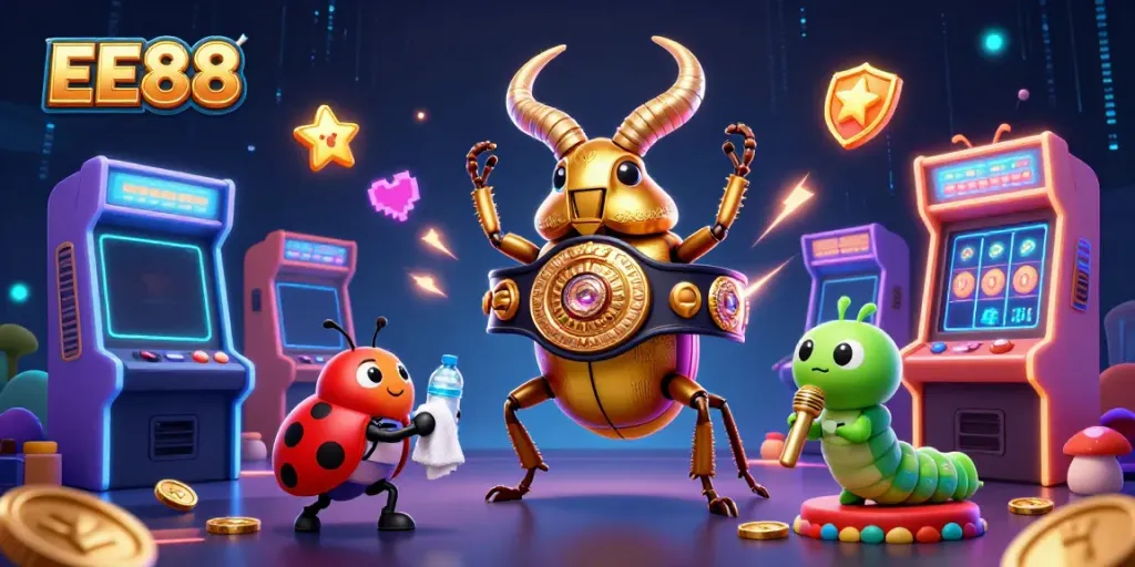 Engage with EE88's vibrant gaming atmosphere featuring colorful machines and dynamic characters.