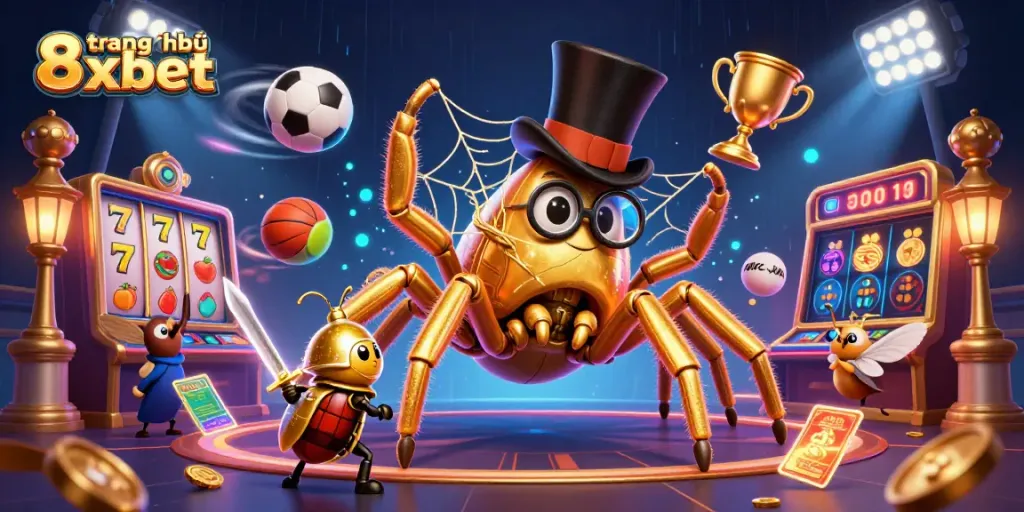 Betting on the exhilarating trang chủ 8xbet with golden tarantula and beetle knight in a vibrant casino environment.