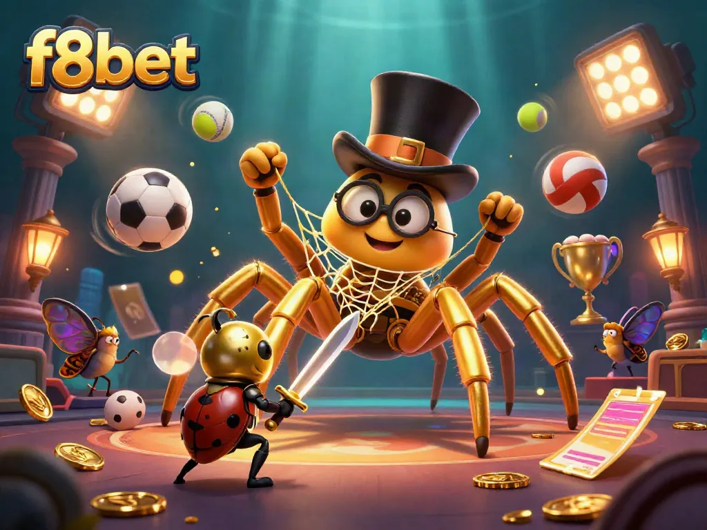 Experience excitement at F8BET with a vibrant scene featuring a golden tarantula, knight, and dynamic sports elements.