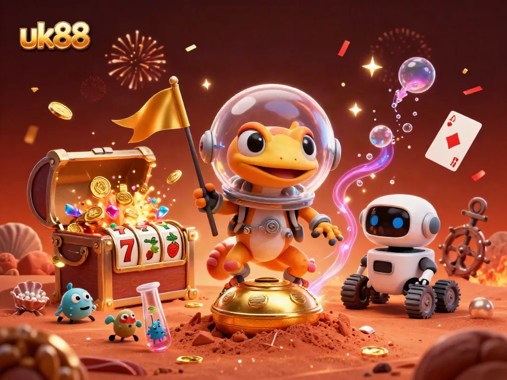 Engage with uk88's exciting casino features as the Martian gecko discovers treasures in a colorful, dynamic scene.