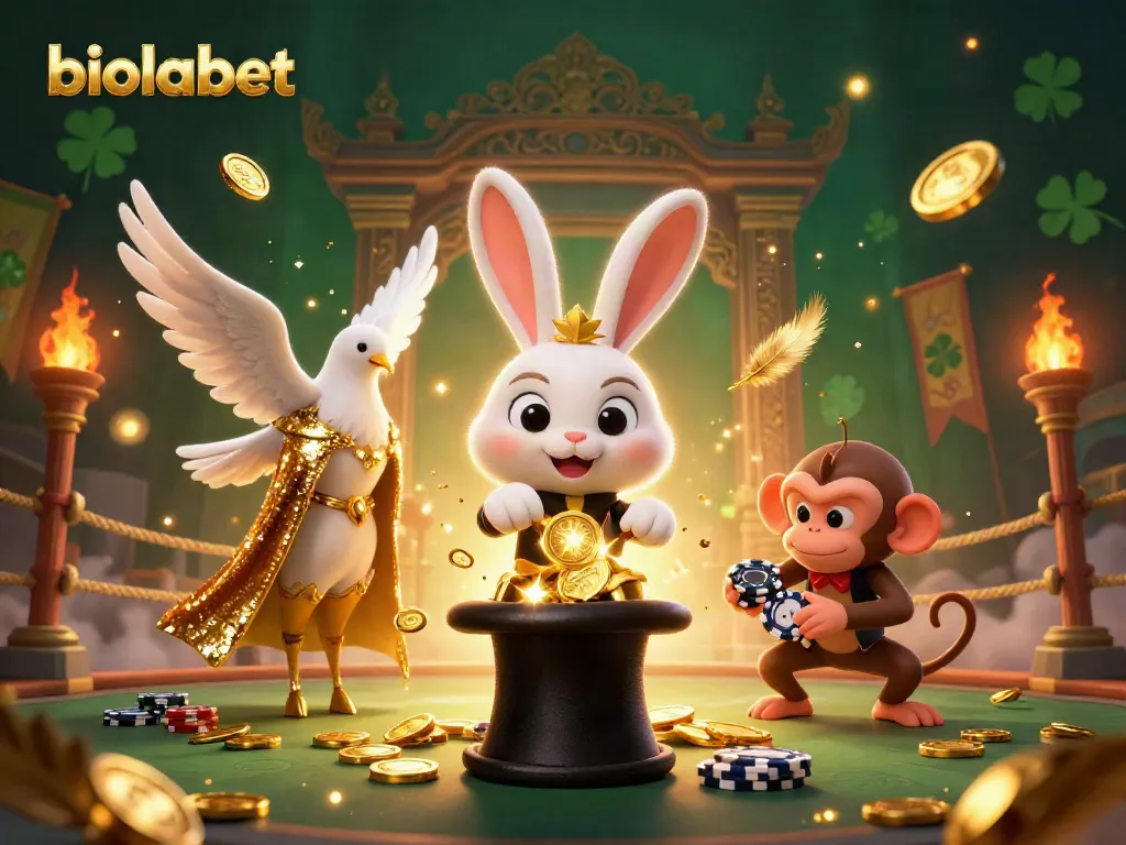 Spin and win with biolabet magical elements featuring a rabbit, dove, and monkey amidst casino flair.