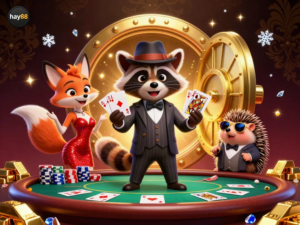 Play poker with hay88, featuring a suave raccoon in a suit, royal flush cards, and a lively casino atmosphere.