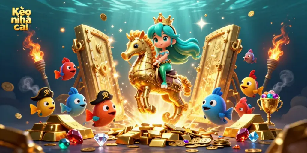 Engage with Kèo nhà cái in this immersive underwater casino scene featuring a mermaid princess and treasure.