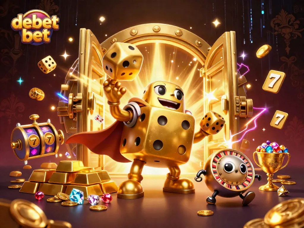 Experience the thrill of debet bet with a vibrant 3D illustration of a dice golem surrounded by casino elements.