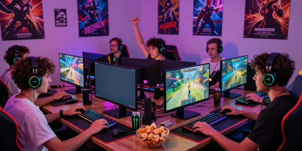 Friends enjoying an intense gaming session, janji33 excitement visible through vibrant gaming setup and atmosphere.