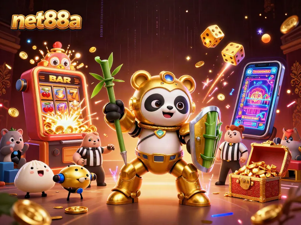 Experience thrilling gaming action at net88a with 3D vibrant casino characters amidst dynamic slot elements.