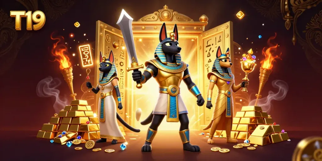 Experience thrilling gameplay at T19 with Anubis and Bastet amid treasures and casino elements.