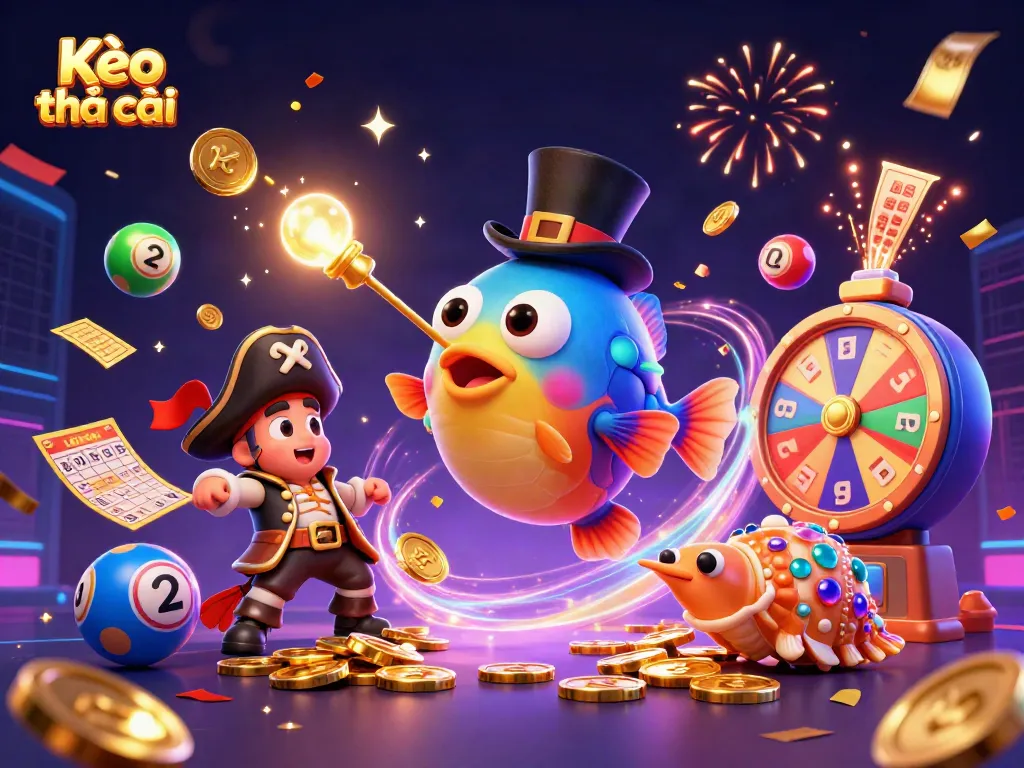 Engage with Kèo nhà cái while exploring vibrant gaming elements in a lively 3D illustration.