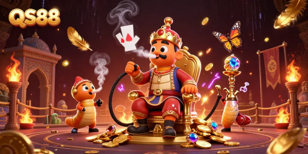 Experience QS88's vibrant online gaming world with a colorful 3D illustration of a caterpillar sultan in a lavish casino setting.
