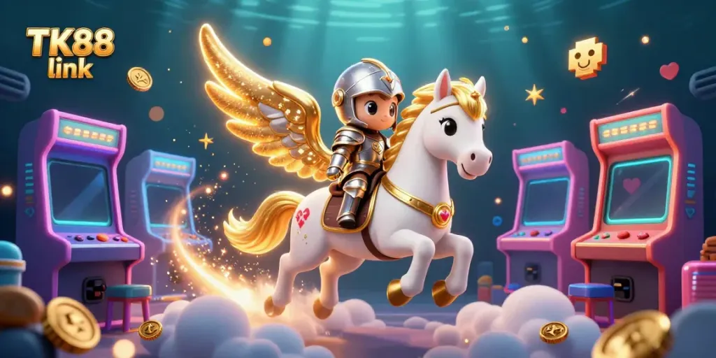Engage with the action at TK88 link, featuring a celestial horse and armored knight in a vibrant casino landscape.