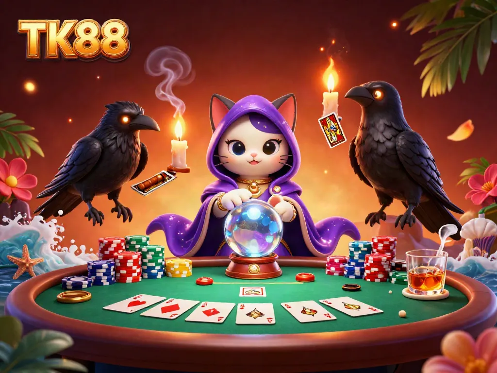 Engage with TK88's thrilling gaming scene featuring a mystic cat, raven, and vibrant poker elements for an immersive experience.