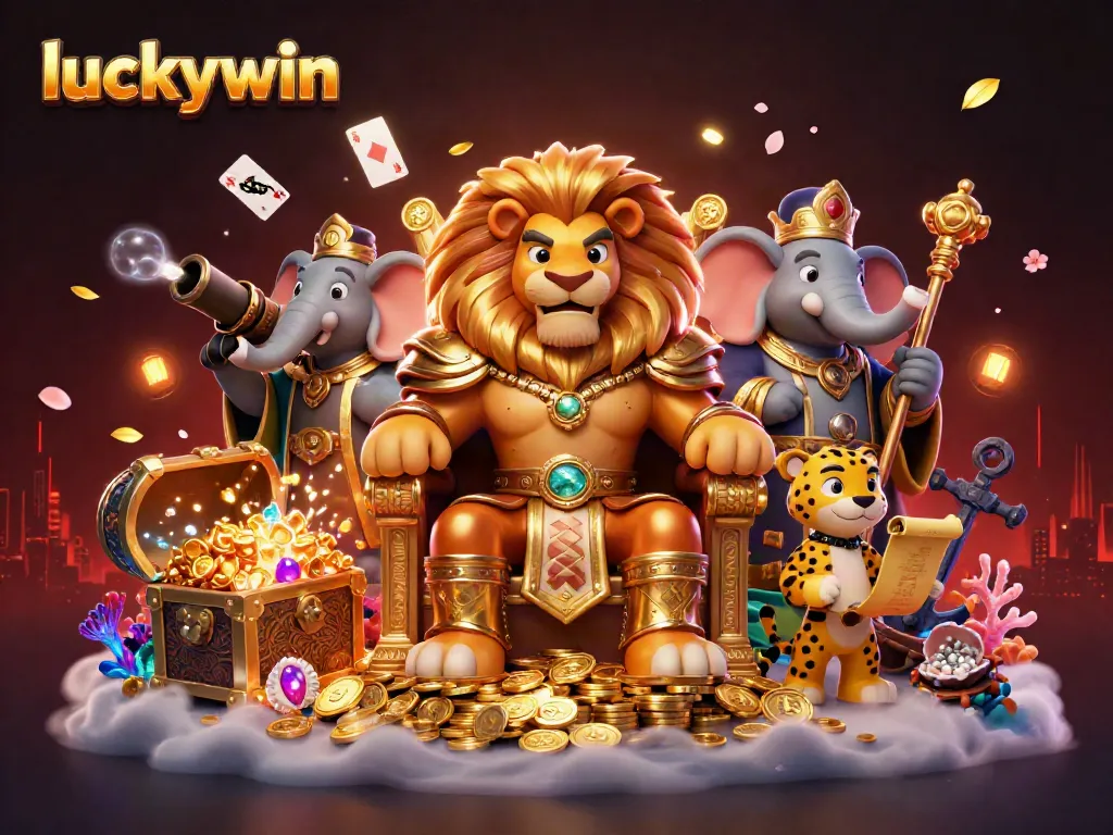 Experience the thrill of gaming with Luckywin's vibrant 3D casino scene featuring roaring lion king and friends.