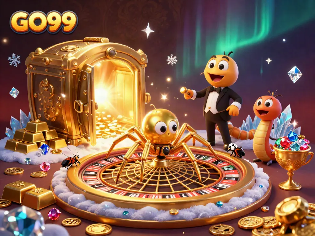 Engage with GO99 at the casino, where a golden spider spins a roulette wheel amidst treasure and excitement.