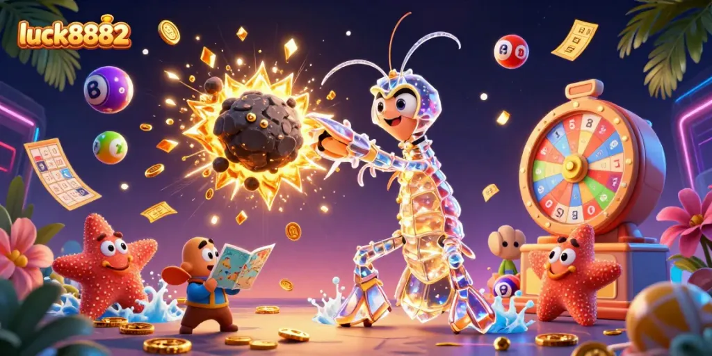 Exciting luck8882 gameplay scene showcasing a galactic samurai mantis shrimp in action amidst vibrant lottery elements and gold coins.