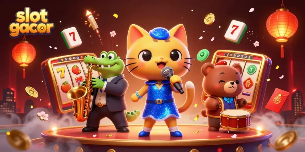 Grafik slot gacor 4d dengan karakter kucing penyanyi, buaya, dan beruang, penuh dengan elemen judi.