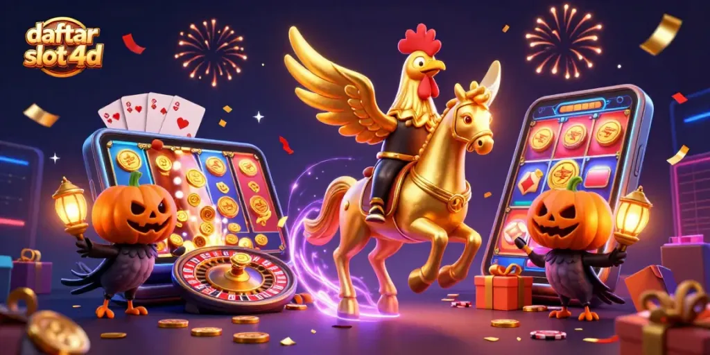 Slot 4D yang menarik dengan rooster emas dan kerumunan bintang berkilau mewarnai permainan kasino