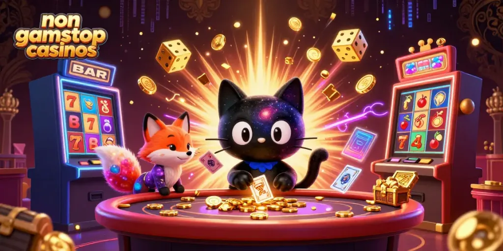 Experience the excitement of non gamstop casinos with a cosmic black hole cat pulling in winnings at a vibrant casino table.