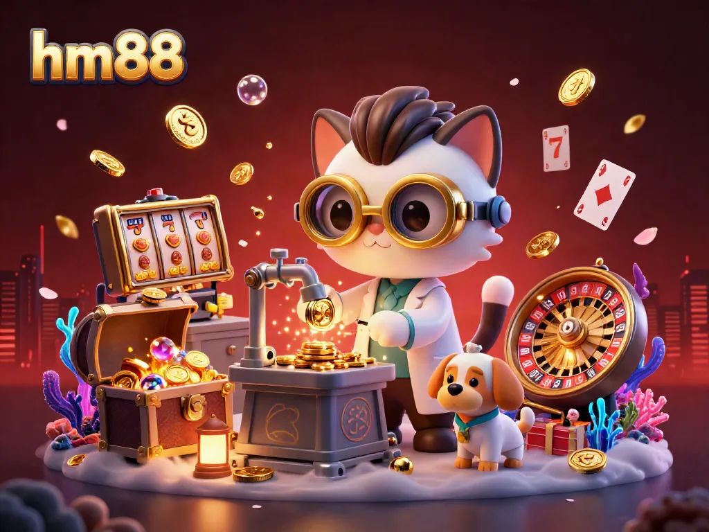 Enjoy an exciting casino atmosphere with hm88 as a lively cat scientist creates golden coins while elements of slot machines and playing cards surround them.