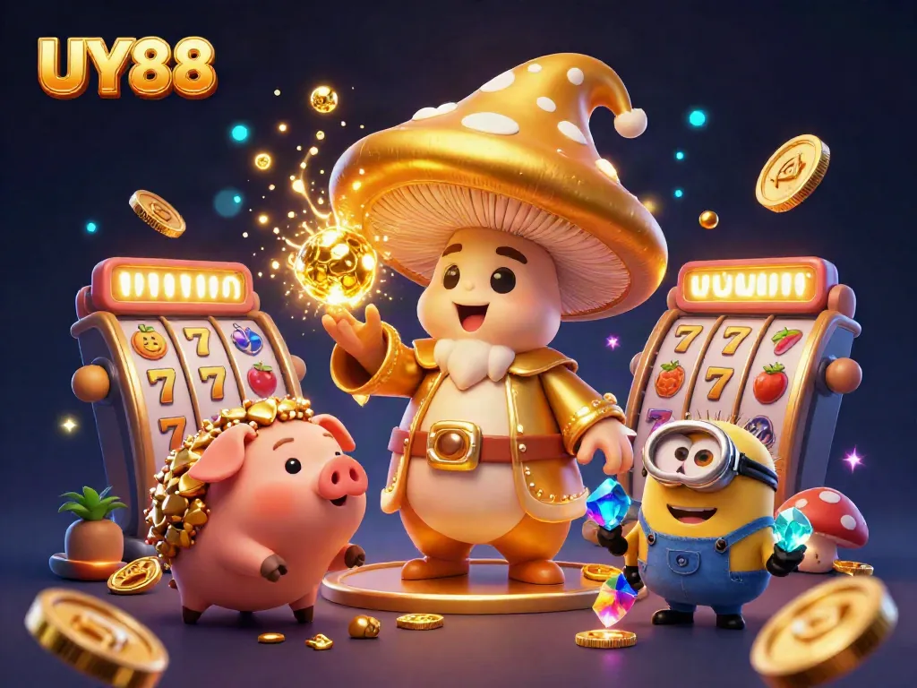 Experience winning moments at UY88 with a vibrant casino scene featuring magical elements and golden treasures.