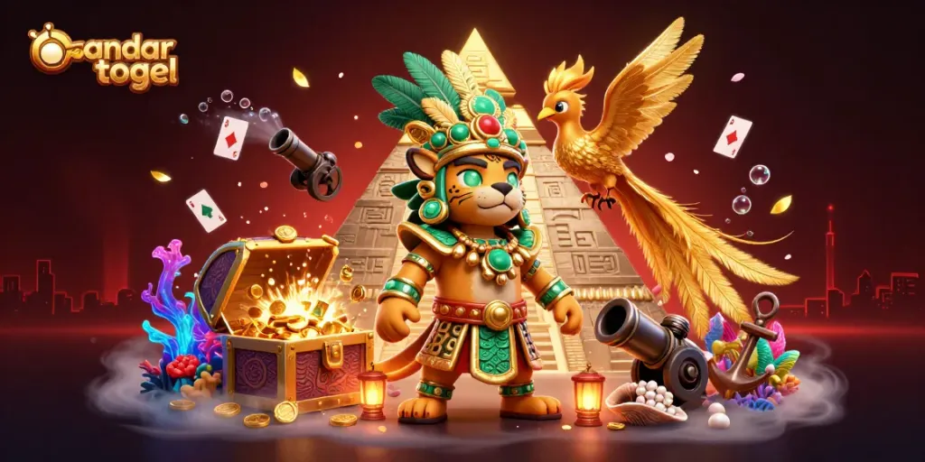 Gambaran bandar togel dalam 3D yang menampilkan priest jaguar Maya dan burung quetzal dengan elemen judi yang kaya.