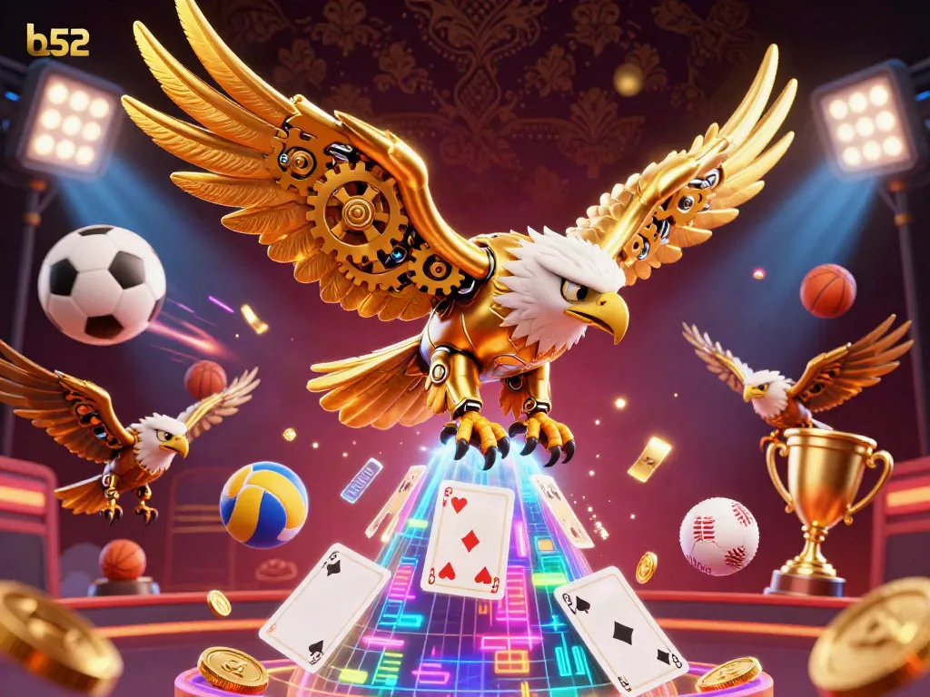 The b52 casino scene features a golden eagle diving through holographic cards, symbolizing winning strategies for bettors.