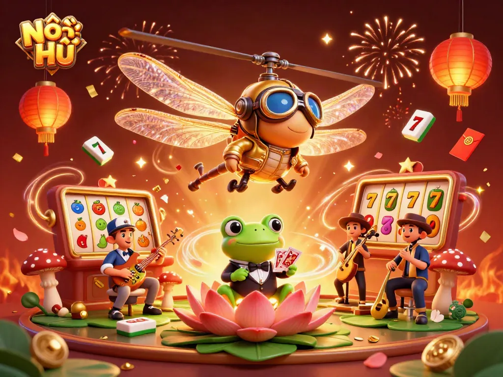 Nổ Hũ slot reels featuring a fun casino scene with vibrant 3D characters and colorful decorations.