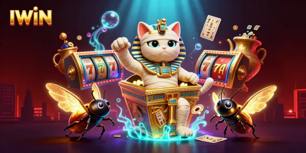 Experience thrilling IWIN gameplay with a mummy cat bursting from a sarcophagus in a vibrant casino