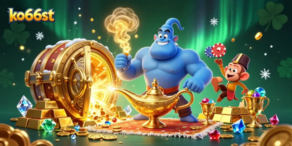 Engage with thrilling gameplay at ko66st featuring a mystical genie, treasures, and gambling elements.