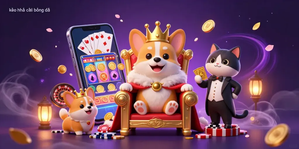 Engaging scene of kèo nhà cái bóng đá featuring a royal corgi on a throne of poker chips, symbolizing luck in gaming.