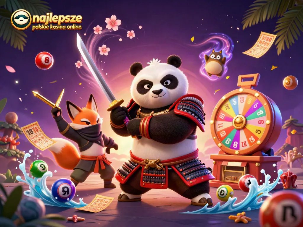 Experience the excitement of najlepsze polskie kasyna online with samurai Panda and ninja fox amidst vibrant lottery elements.