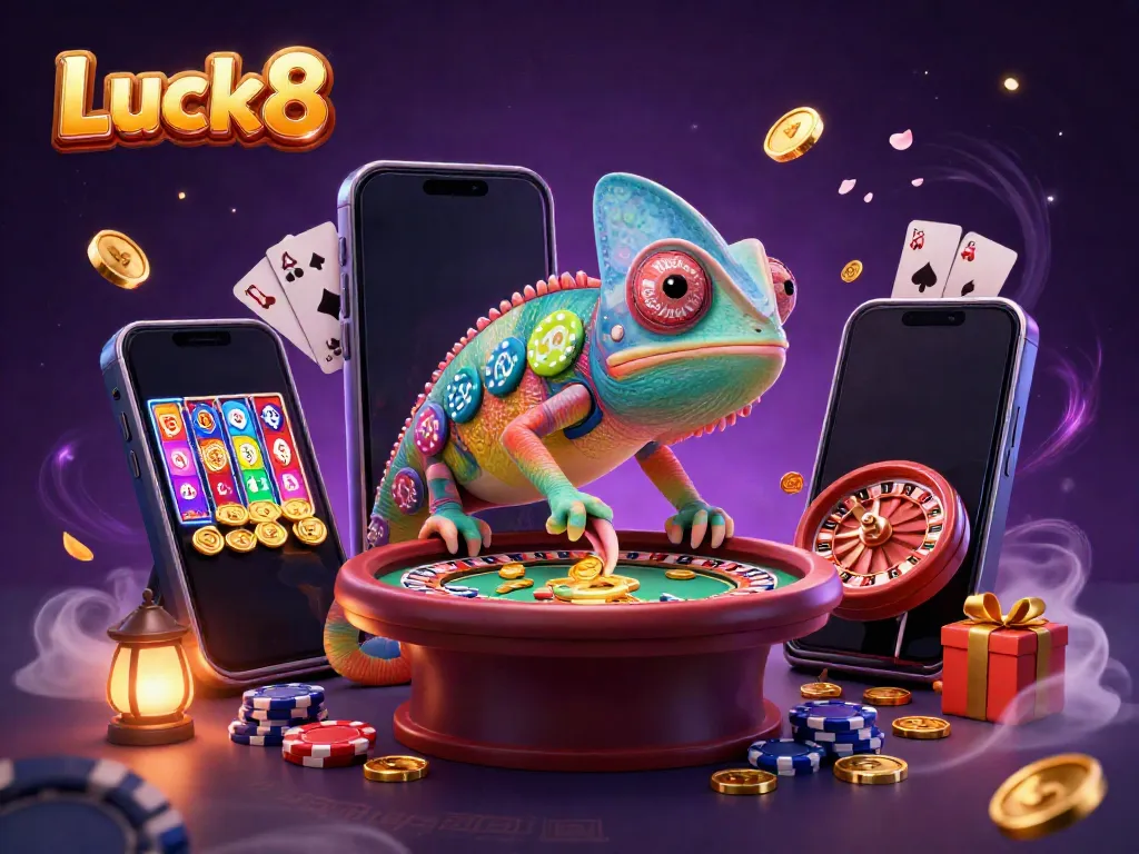 Experience thrilling gaming action at Luck8 with an energetic chameleon owner and vibrant casino elements.