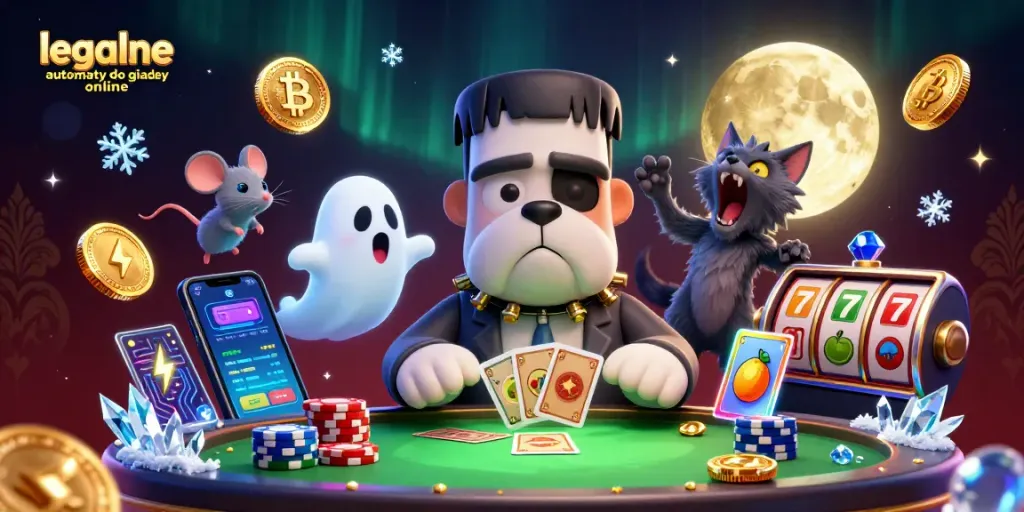 Play legalne automaty do gier online with a 3D cartoon scene featuring unique characters and vibrant gaming elements.