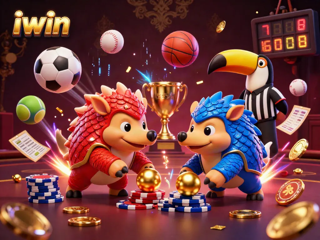 iwin rivals pangolins bowling through poker chips in a dynamic casino scene filled with vibrant elements.