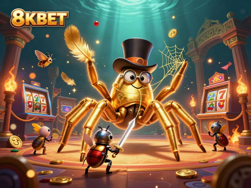 Experience the thrilling action of 8KBET with a golden tarantula and knight in a vibrant casino scene.