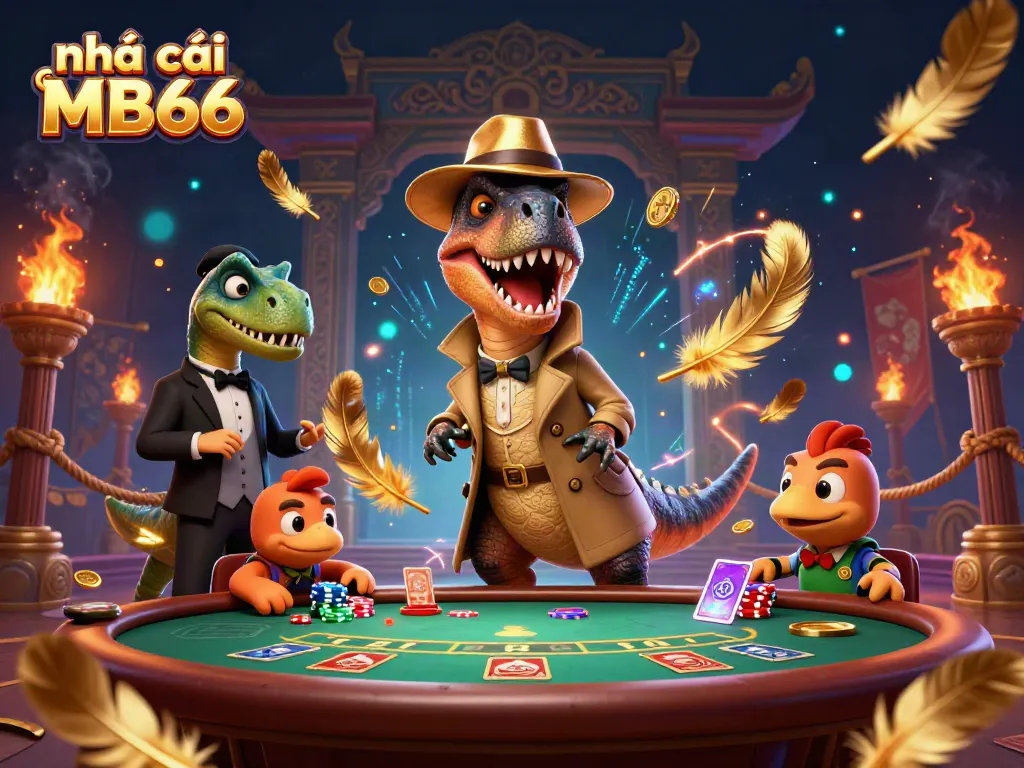 Engage with nhà cái MB66 as a velociraptor card counter interacts at a vibrant blackjack table.