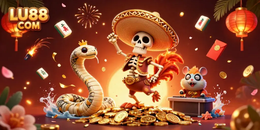 Engage in thrilling play at LU88 COM with vibrant casino characters dancing amidst a bounty of rewards.