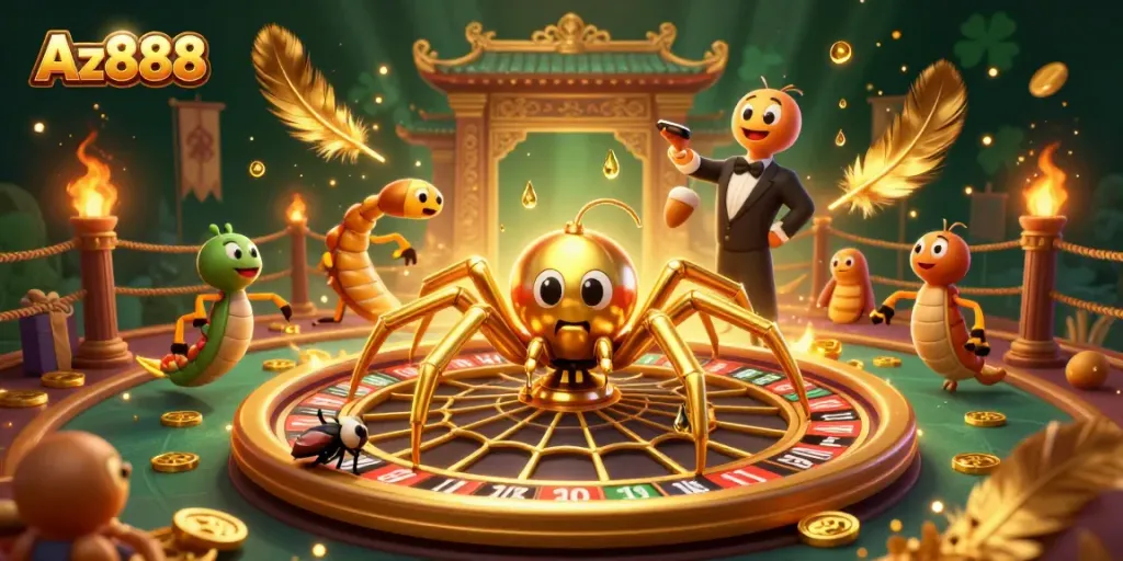 Bet big with Az888 at the roulette wheel, as the golden spider spins its bets.